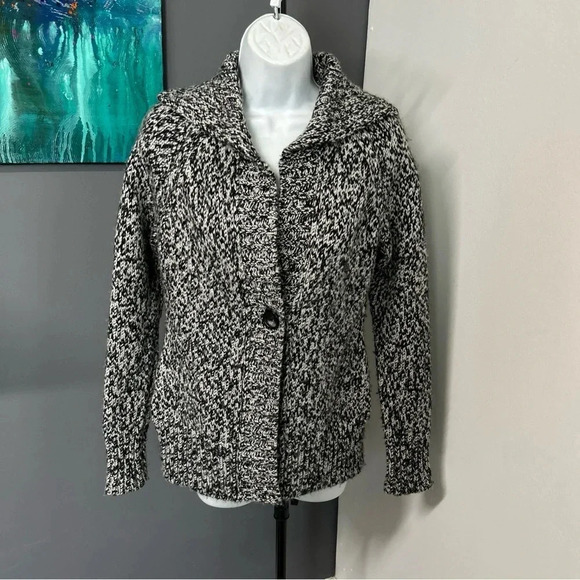 Ann Taylor Loft Women’s Small Cardigan Wool Blend‎ Chunky Cozy Black White - Picture 1 of 12